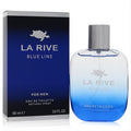 La Rive Blue Line 3.0 oz men's EDT. Vibrant blue gradient glass bottle with silver cap, next to its sleek dark blue box.