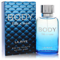 La Rive Body Like A Man EDT spray. Modern blue gradient glass bottle with a silver cap and matching quilted box.