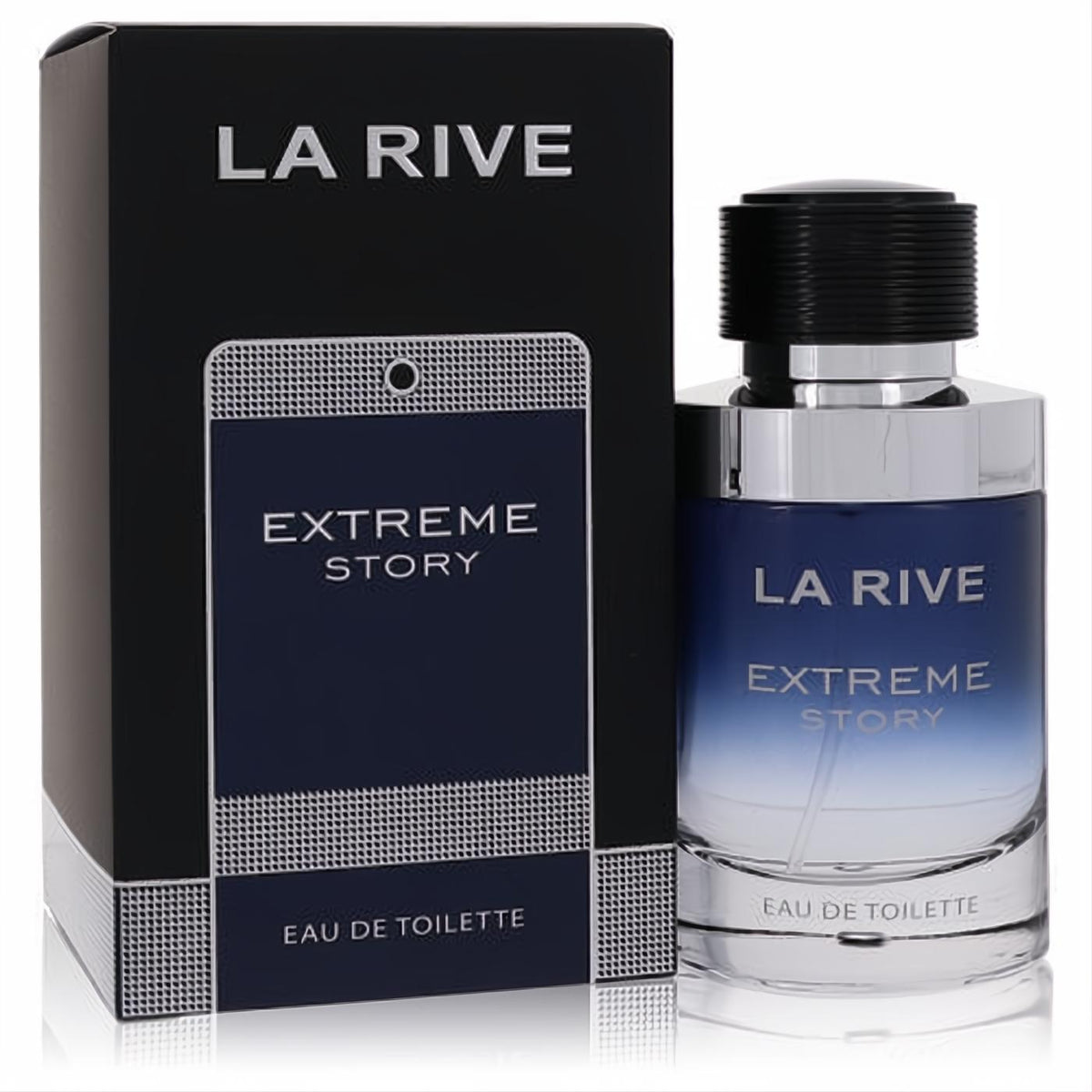 La Rive Extreme Story 2.5 oz men's EDT. Striking blue gradient glass bottle with black cap and sleek black box with textured design.
