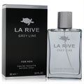 Sophisticated La Rive Grey Line 3 oz men's EDT. Clear glass bottle, sleek silver cap, and matte black box with iconic turtle logo.