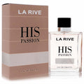 La Rive His Passion men's EDT, 3.3 oz. Clear rectangular bottle with black cap and elegant striped warm brown packaging.