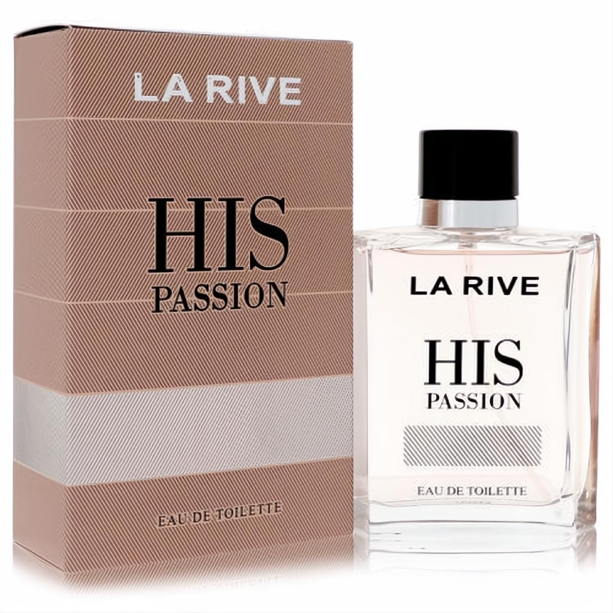 La Rive His Passion men's EDT, 3.3 oz. Clear rectangular bottle with black cap and elegant striped warm brown packaging.