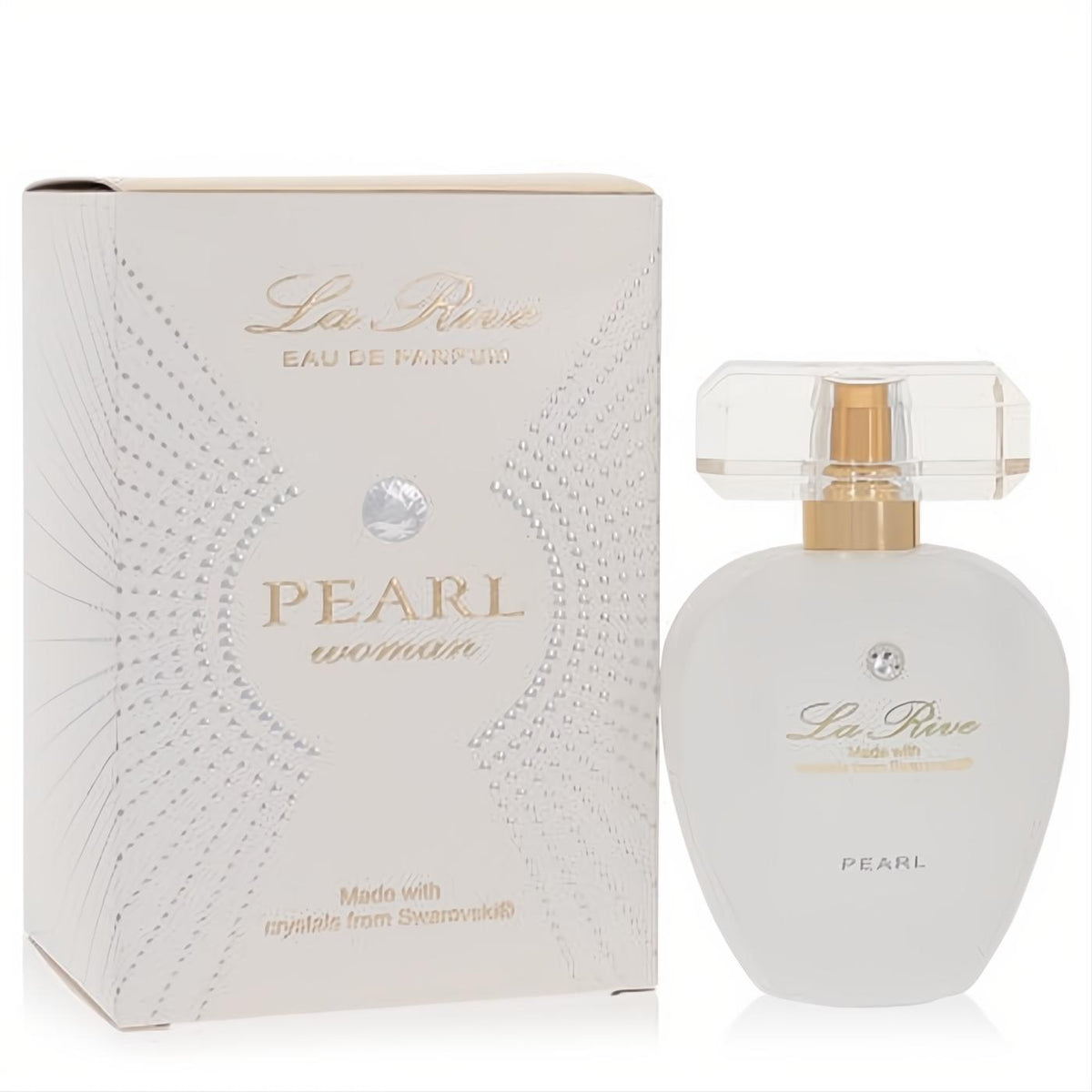 Luxurious La Rive Pearl women's Eau De Parfum spray. White pear-shaped bottle and elegant box with gold details and Swarovski crystal.