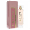 La Rive Sweet Woman 3 oz EDP. Elegant clear glass bottle with light pink liquid, gold sprayer, and matching striped pink box.