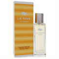 La Rive For Woman Eau De Parfum in a sleek clear glass bottle with silver ribbed cap and turtle logo, next to its vibrant orange box.