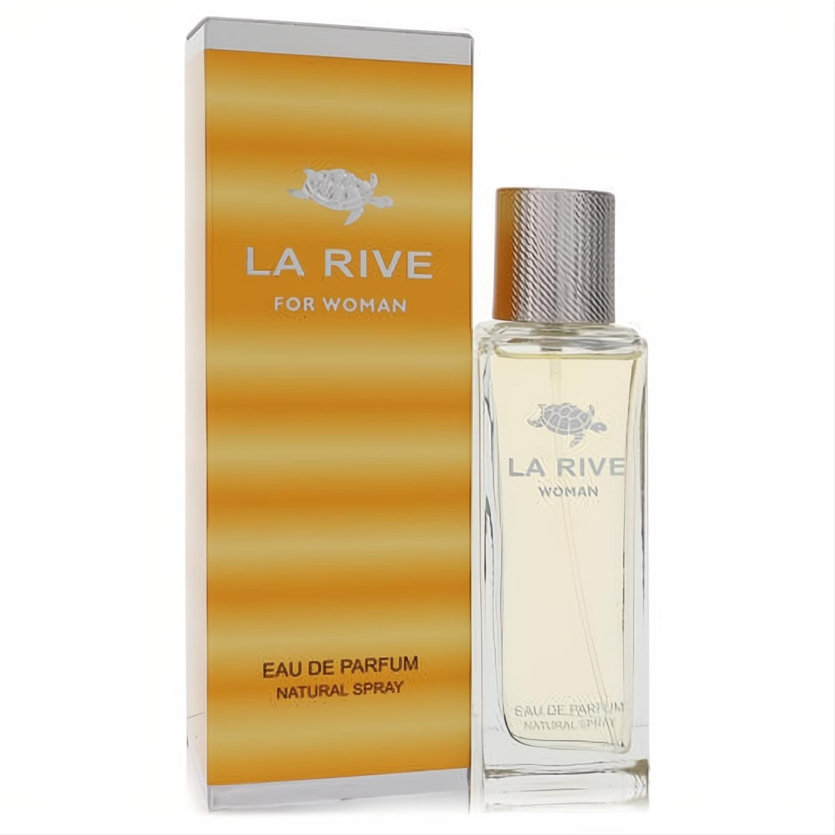 La Rive For Woman Eau De Parfum in a sleek clear glass bottle with silver ribbed cap and turtle logo, next to its vibrant orange box.