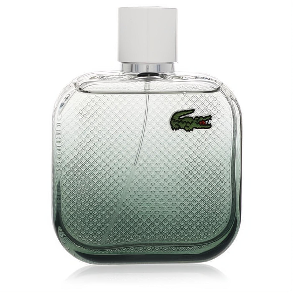 Lacoste L.12.12 Blanc Eau Intense men's EDT. Clear to deep green bottle, iconic crocodile texture, white cap.