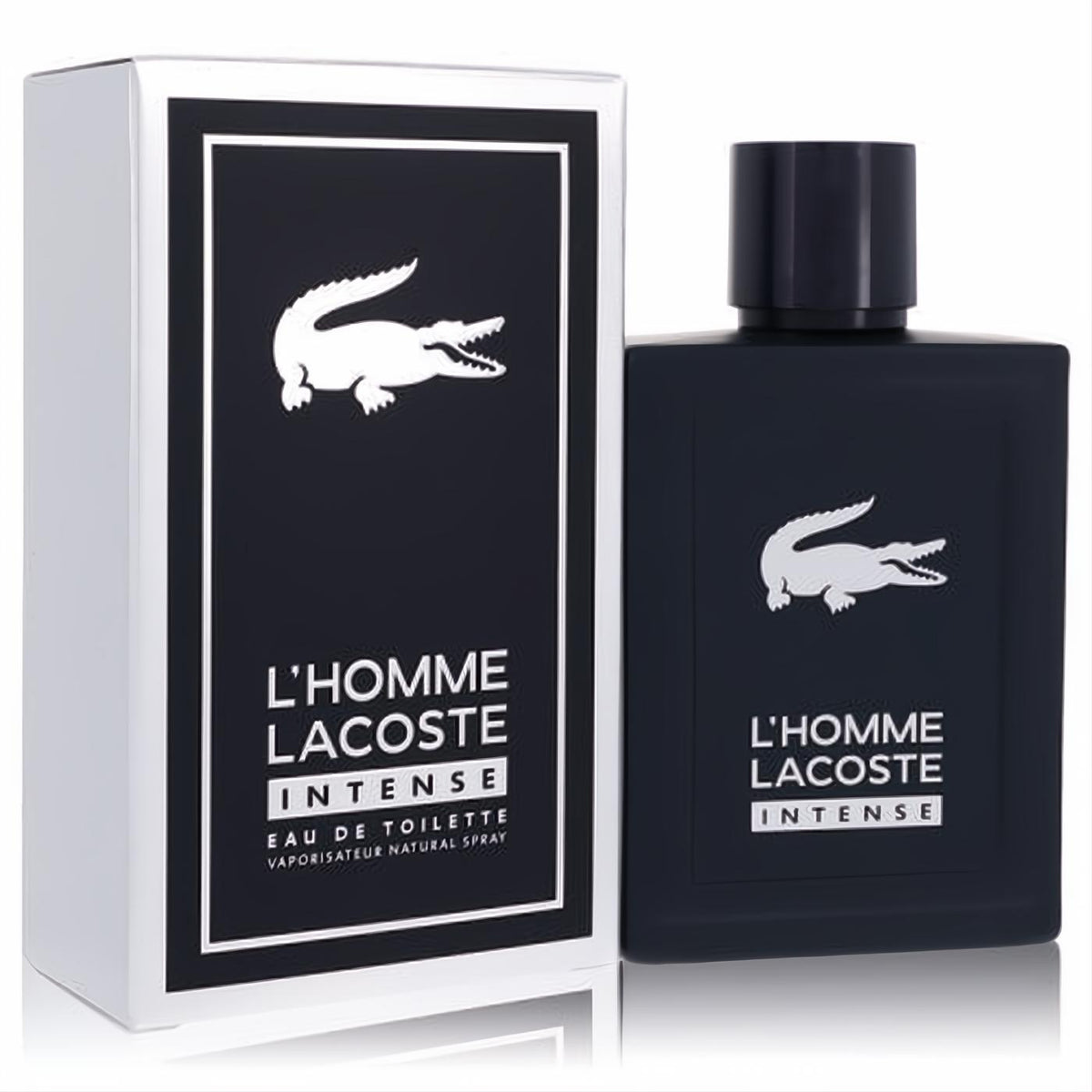 Lacoste L'homme Intense 3.3 oz men's EDT. Bold dark blue bottle & white box with signature crocodile logo.