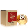 Paco Rabanne Lady Million Royal 2.7 oz EDP. Dazzling gold diamond bottle with red gems, beside its vibrant red and gold box.
