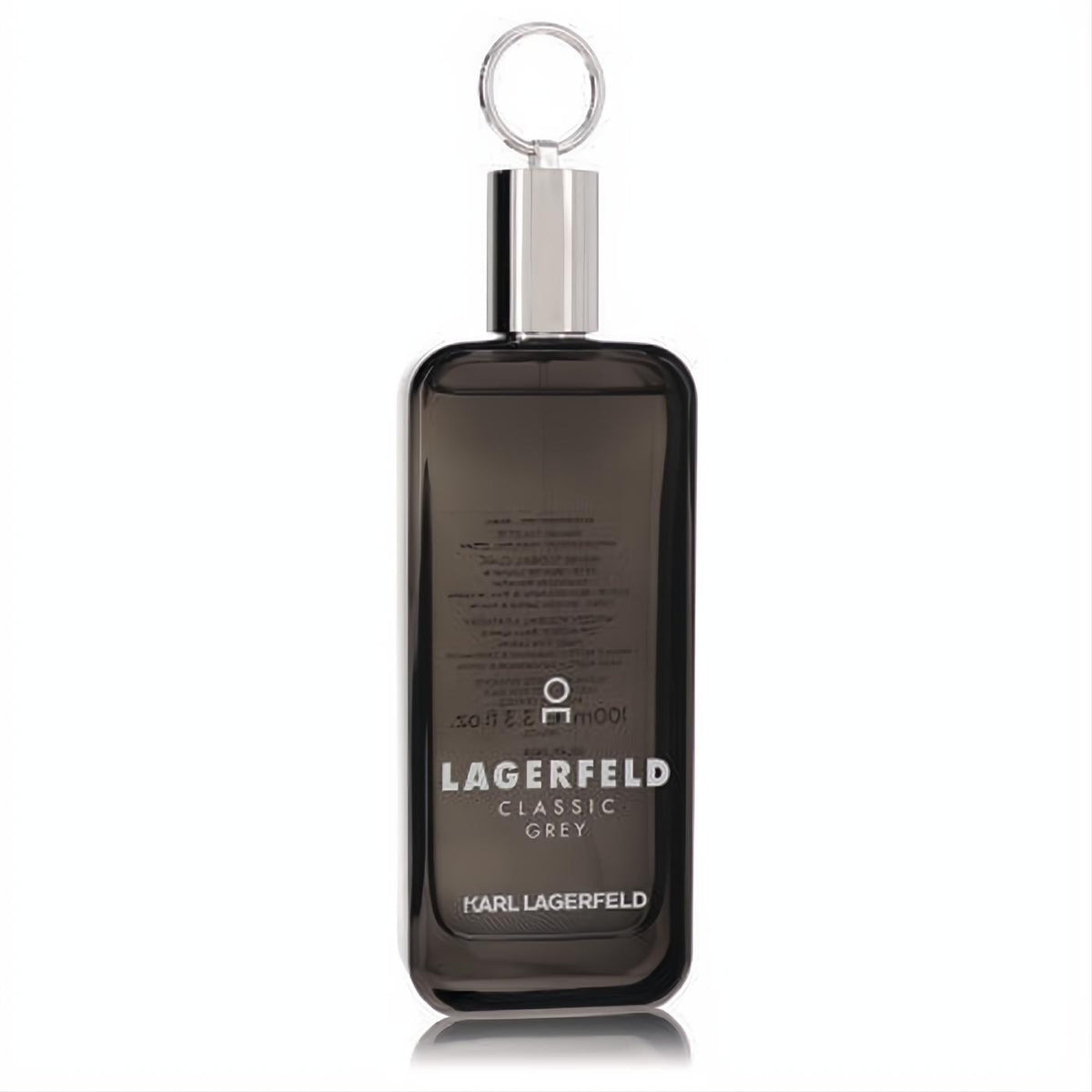 Lagerfeld Classic Grey Eau De Toilette spray for men. Sleek dark grey glass bottle with a unique silver ring cap.