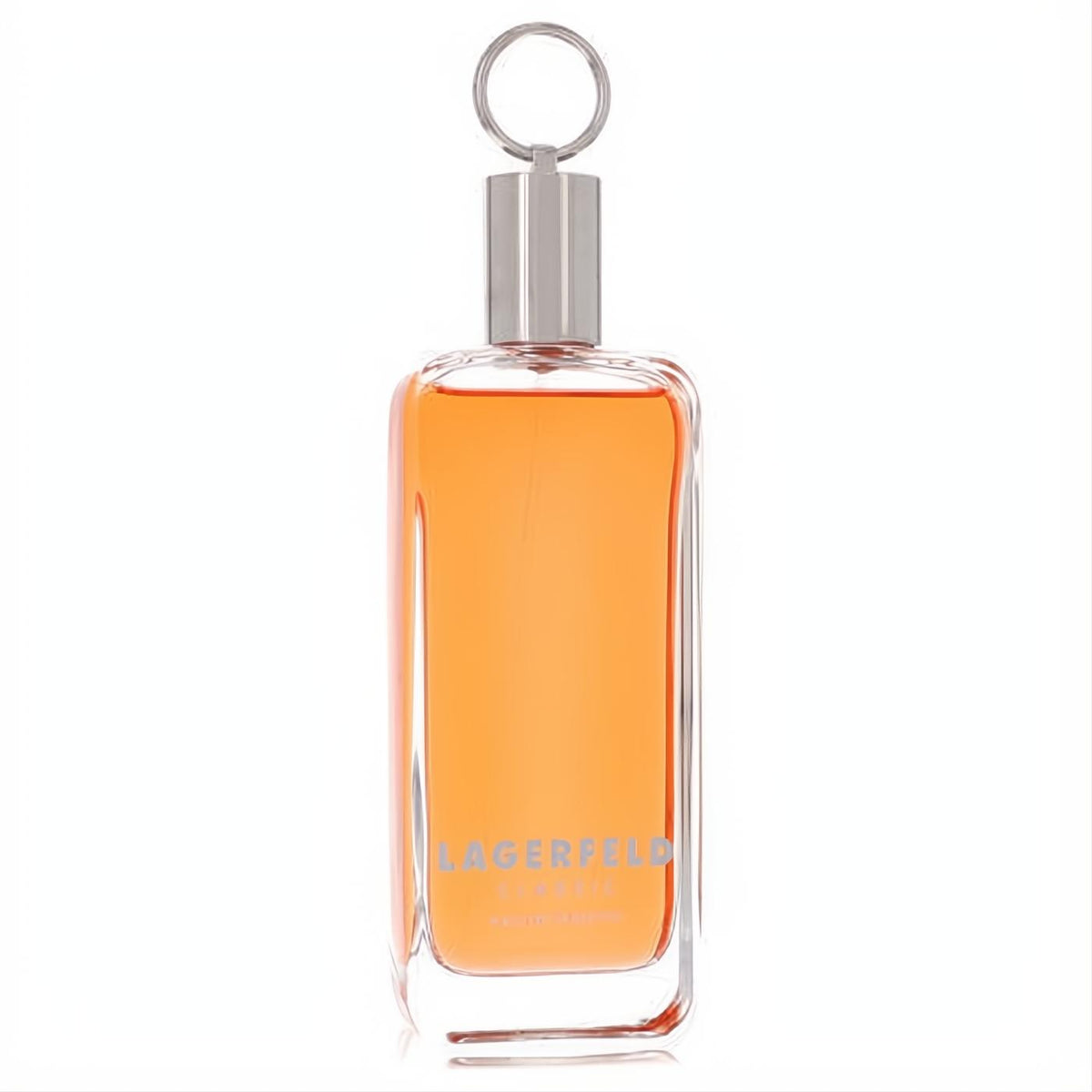 Lagerfeld men's EDT spray with vibrant orange liquid in a sleek rectangular glass bottle, featuring a unique silver ring cap.