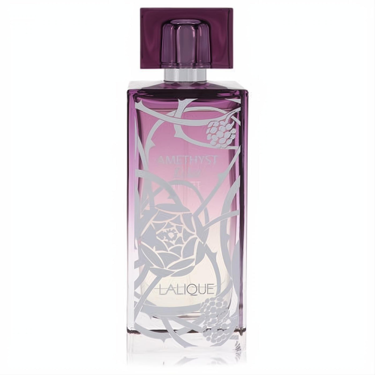 Lalique Amethyst Eclat 3.3 oz women's fragrance. Elegant purple glass bottle with intricate silver floral vine design.