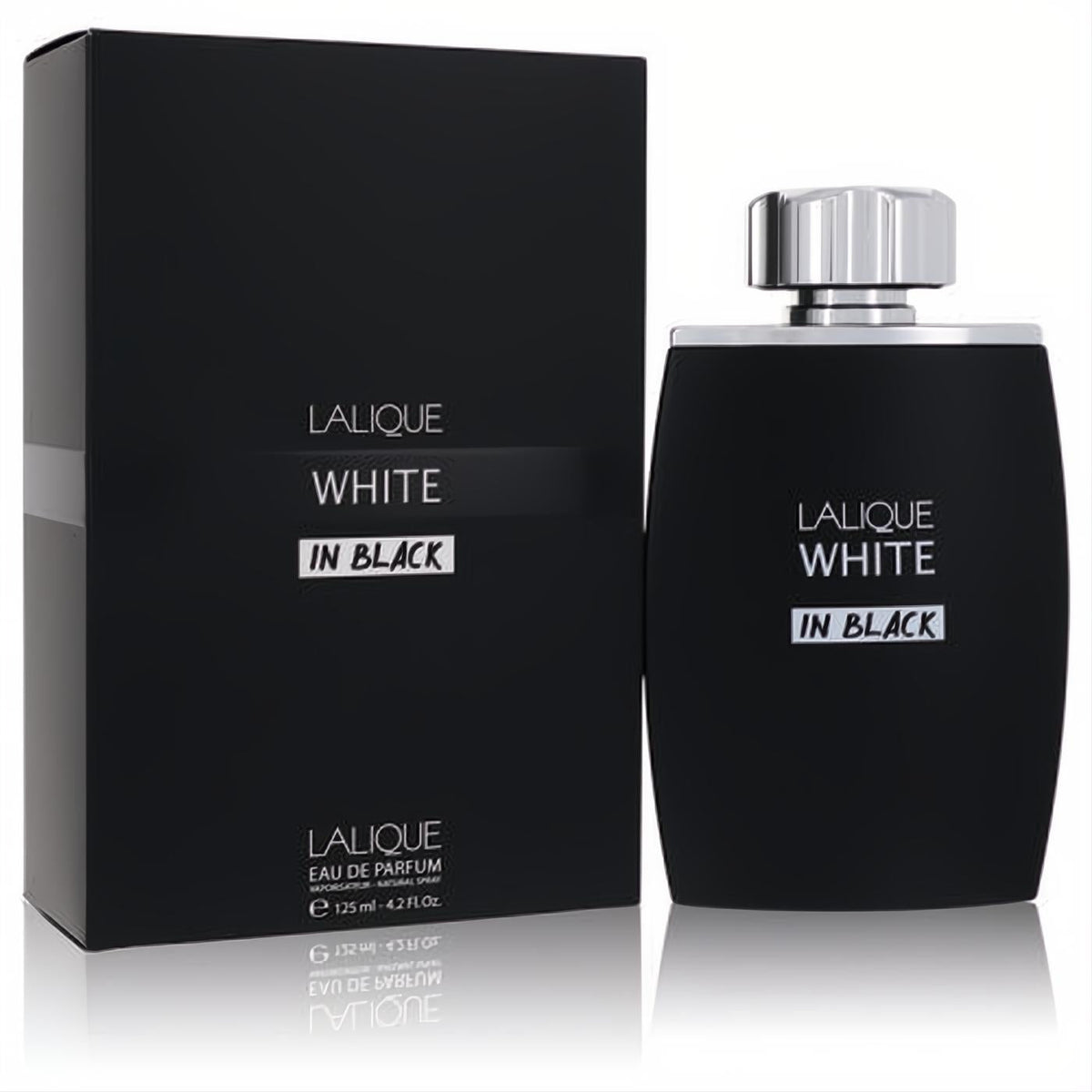 Lalique White In Black 4.2 oz Eau De Parfum. Elegant matte black glass bottle with a sleek silver cap and matching box.
