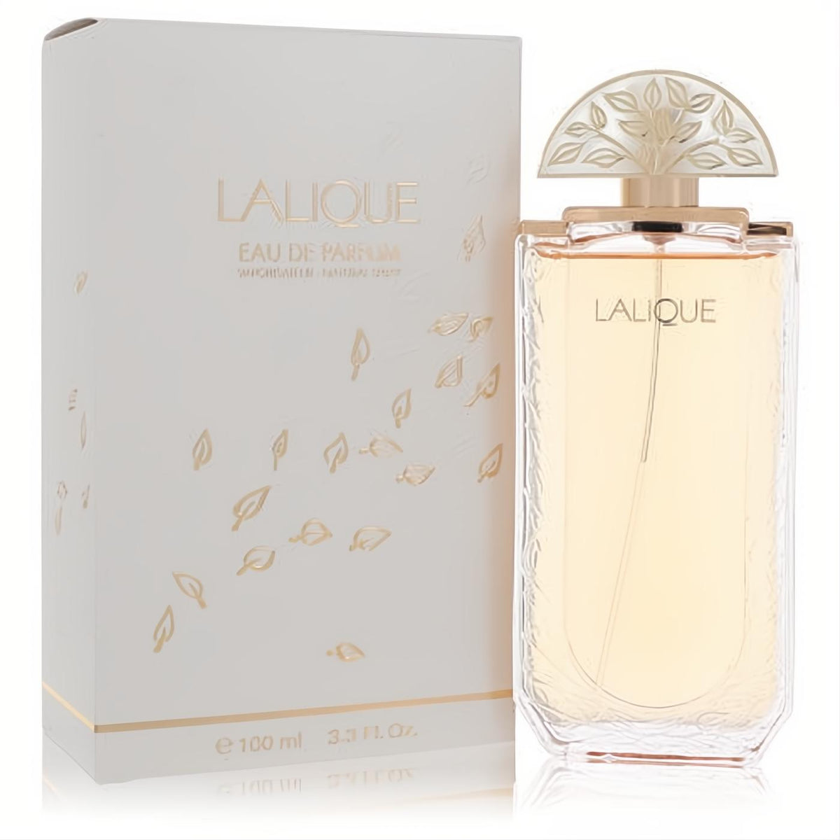 Lalique Eau De Parfum 3.3 oz spray: clear bottle with etched leaves, unique gold tree cap, and elegant white & gold leaf box.