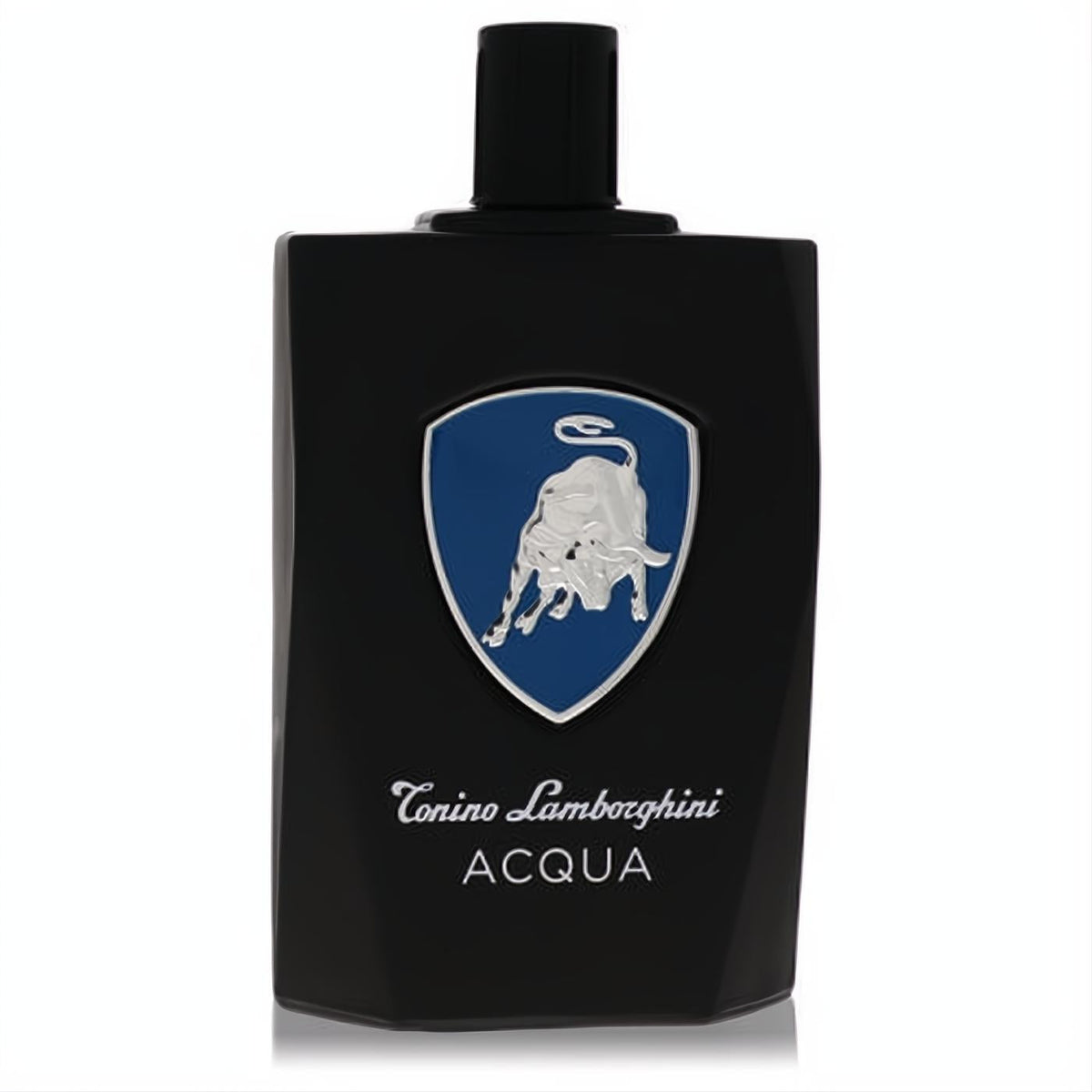 Sleek black Tonino Lamborghini Acqua 4.2 oz men's EDT bottle, featuring the iconic silver and blue bull logo.
