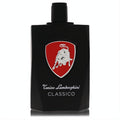 Bold Tonino Lamborghini Classico men's fragrance in a sleek black bottle with a striking red and silver bull emblem.