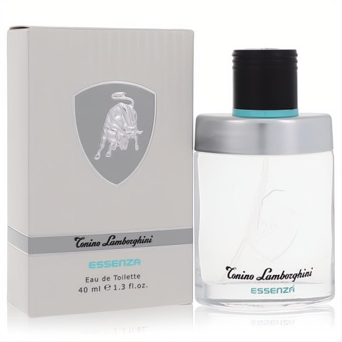 Luxury Tonino Lamborghini Essenza 1.3 oz men's EDT. Clear glass bottle with silver cap and elegant gray box featuring the iconic bull.