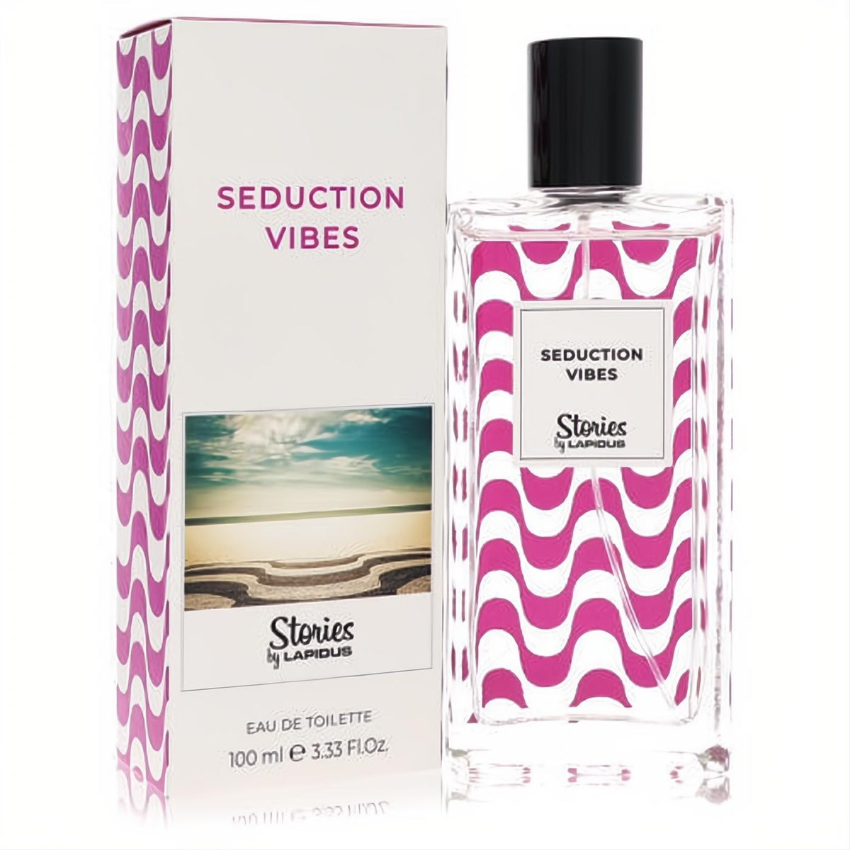 Lapidus Seduction Vibes 3.3 oz EDT. Clear bottle with vibrant pink waves, sleek black cap, and matching white box.