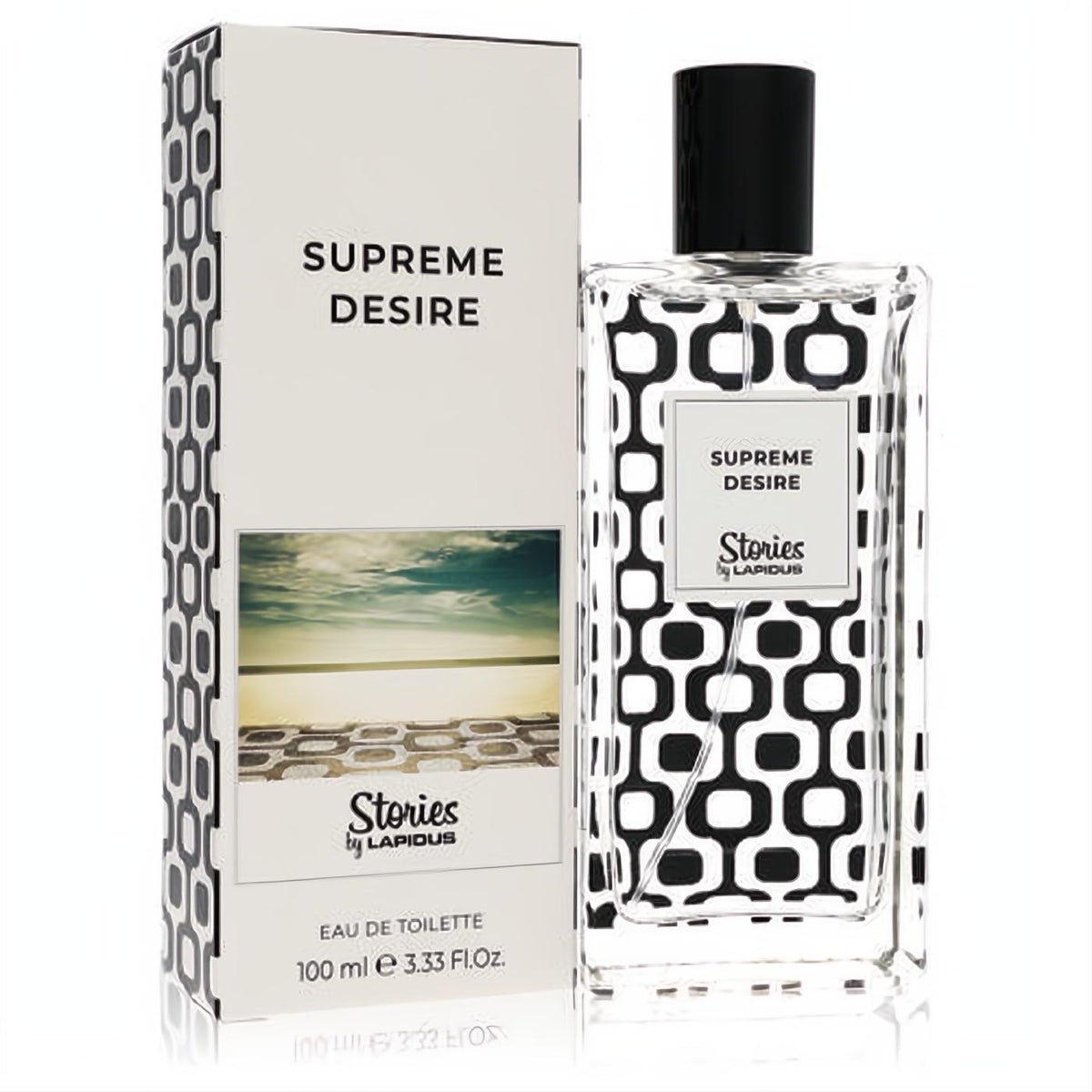 Lapidus Supreme Desire 3.3 oz Eau De Toilette. Clear glass bottle with striking black & white geometric design, paired with its elegant box.