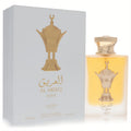 Luxurious Lattafa Al Areeq Gold 3.4 oz unisex EDP in a frosted bottle with rich golden liquid, intricate emblem, and matching white box.