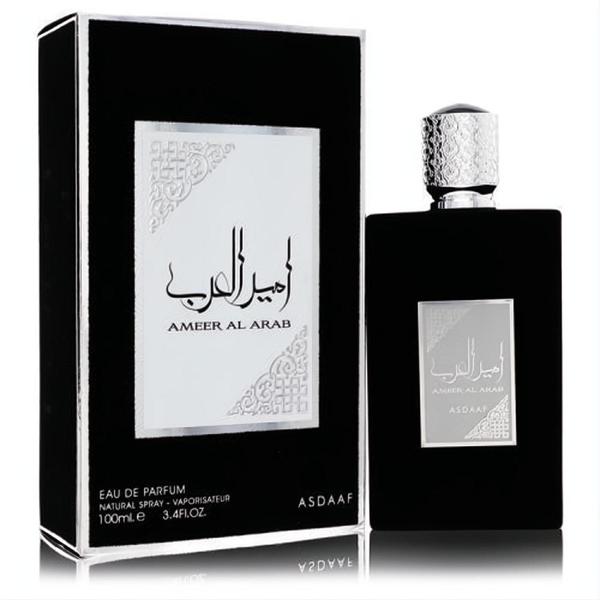 Elegant Lattafa Ameer Al Arab 3.4 oz unisex EDP spray in a sleek black bottle with a silver cap and matching box.