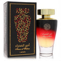 Lattafa Ameer Al Sahraa 3.4 oz unisex EDP. Features a captivating black-red ombre bottle with a gold cap and elegant black box.