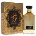 Lattafa Asdaaf Golden Oud unisex 3.4 oz EDP. Luxurious gold fluted bottle with ornate black cap and matching elegant gold box.