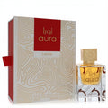 Lattafa Aura 2.04 oz unisex EDP spray. Elegant clear bottle, ornate gold cap, and luxurious white box with gold topographic design.