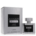 Sophisticated Lattafa Confidential Platinum 3.4 oz unisex fragrance in a sleek metallic silver bottle and textured box.