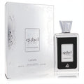 Lattafa Ejaazi Intensive Silver unisex EDP, 3.4 oz. Sleek clear glass bottle with black label, silver cap, and elegant embossed silver box.
