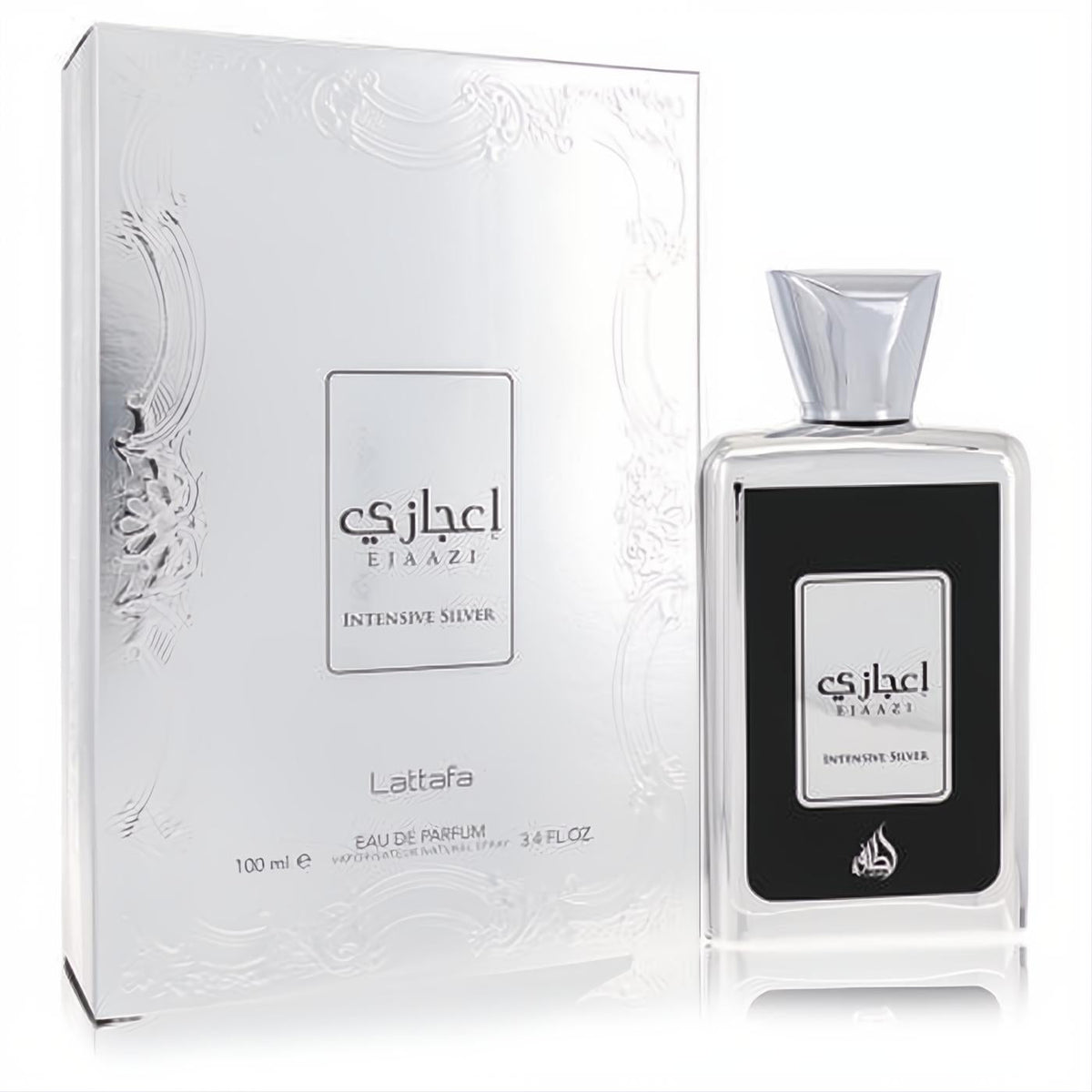 Lattafa Ejaazi Intensive Silver unisex EDP, 3.4 oz. Sleek clear glass bottle with black label, silver cap, and elegant embossed silver box.