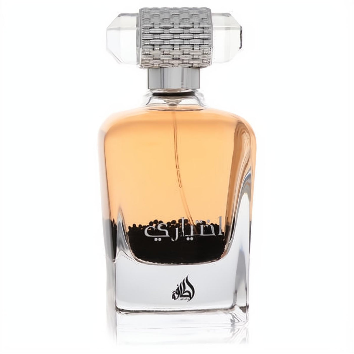 Lattafa Ekhtiari 3.4 oz EDP. Luxurious bottle with warm amber fragrance, striking black base, and ornate silver cap.