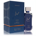 Discover Lattafa Hayaati Al Maleky 3.4 oz men's EDP. Bold navy blue bottle, sleek silver cap, and luxurious matching box.