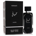 Lattafa Hayaati men's 3.4 oz Eau De Parfum. Bold black bottle and box with elegant silver Arabic script design.