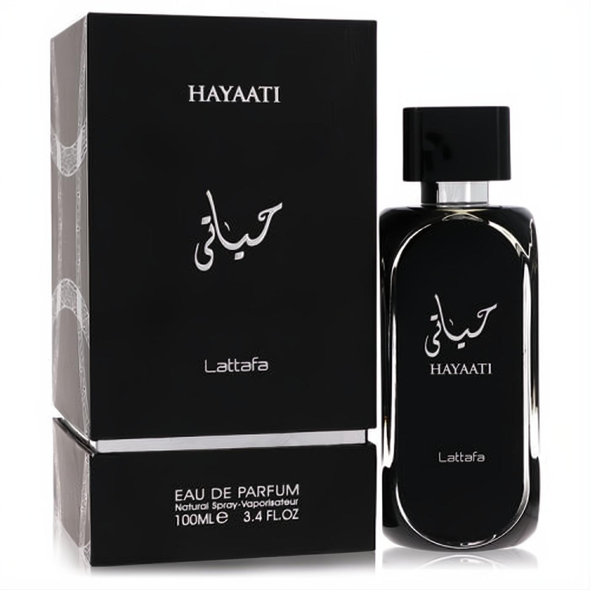 Lattafa Hayaati men's 3.4 oz Eau De Parfum. Bold black bottle and box with elegant silver Arabic script design.