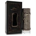 Luxurious Lattafa Khashabi unisex 3.4 oz EDP. Dark metallic bottle with elegant bamboo leaf design, presented with its sleek black and gold box.