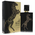 Captivating Lattafa Lail Maleki unisex perfume. Sleek black bottle with intricate gold rearing horse design and matching box.