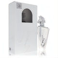 Lattafa Maahir Legacy 3.4 oz EDP. Striking silver horse head cap, sleek angular bottle, and luxurious white embossed box.