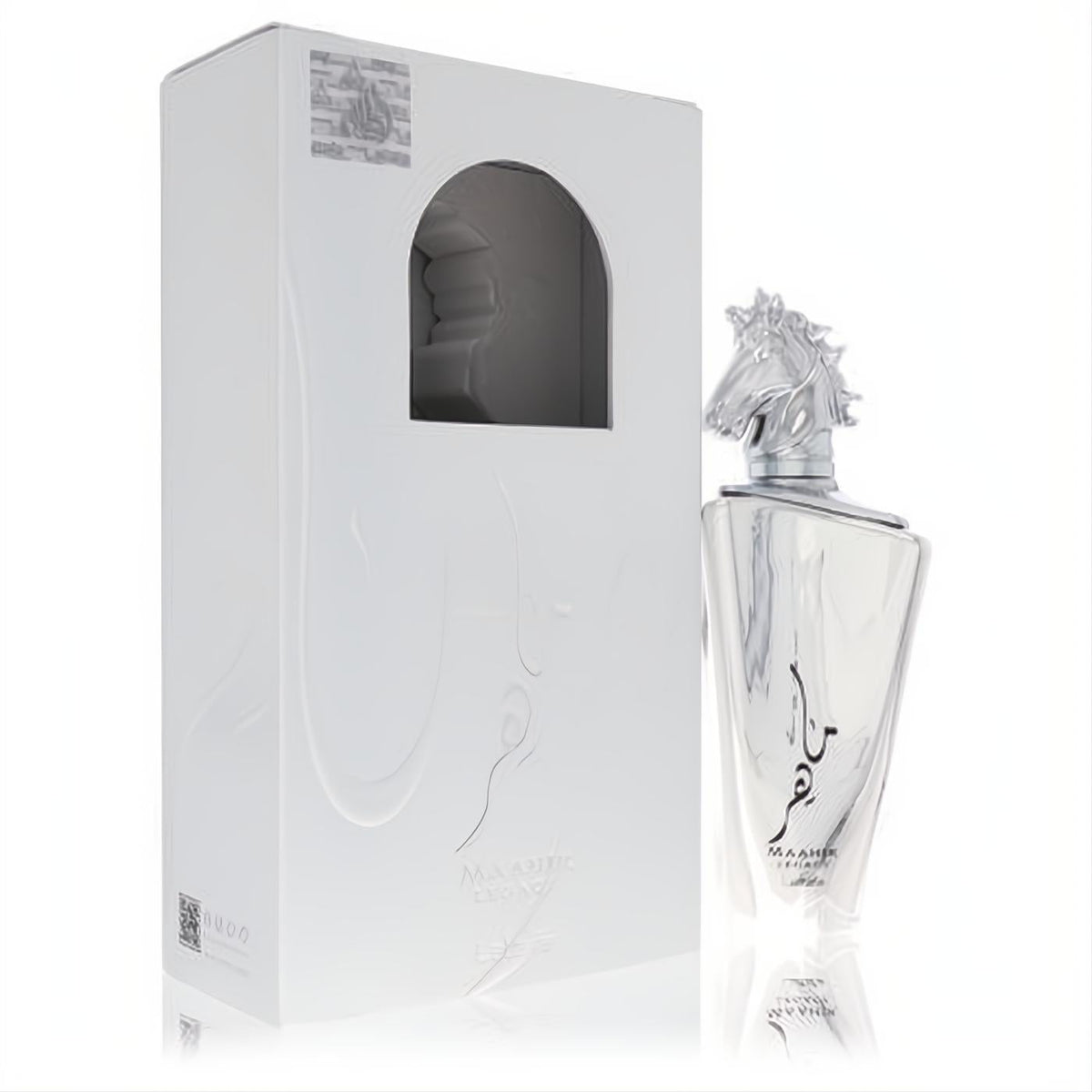 Lattafa Maahir Legacy 3.4 oz EDP. Striking silver horse head cap, sleek angular bottle, and luxurious white embossed box.
