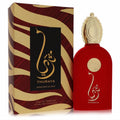 Luxurious Lattafa Mamlakat Al Oud Thuraya 3.4 oz unisex EDP in a red velvet-finish bottle with ornate gold cap and Arabic script, alongside its striking gold and brown striped box.