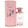 Stunning Lattafa Mayar 3.4 oz women's perfume: clear bottle, rose gold cap, and elegant pink box with gold and blue leaf design.