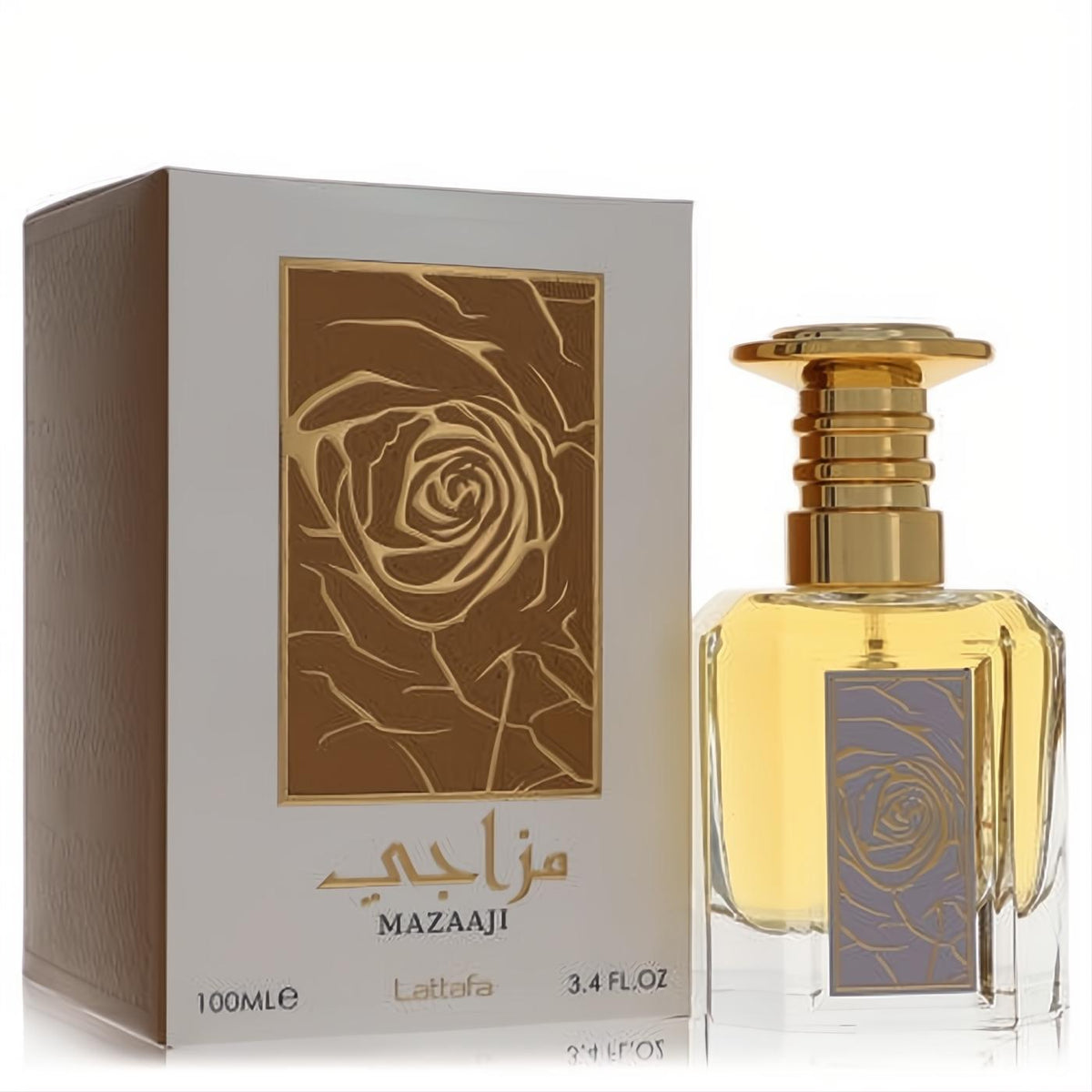 Lattafa Mazaaji 3.4 oz unisex EDP. Elegant clear glass bottle with gold cap and a captivating embossed rose design.