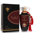 Luxurious Lattafa Mohra unisex EDP 3.4 oz. Dark bottle, gold details, crystal cap, red tassel, and ornate matching box.