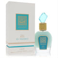 Lattafa Musk So Poudree 3.4 oz unisex EDP. Elegant mint green bottle with a gold braided neck and striking aqua gem cap.
