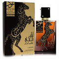 Lattafa Oud Lail Maleki 3.4 oz unisex EDP. Amber glass bottle with striking gold calligraphic horse, black cap, and matching black & gold box.