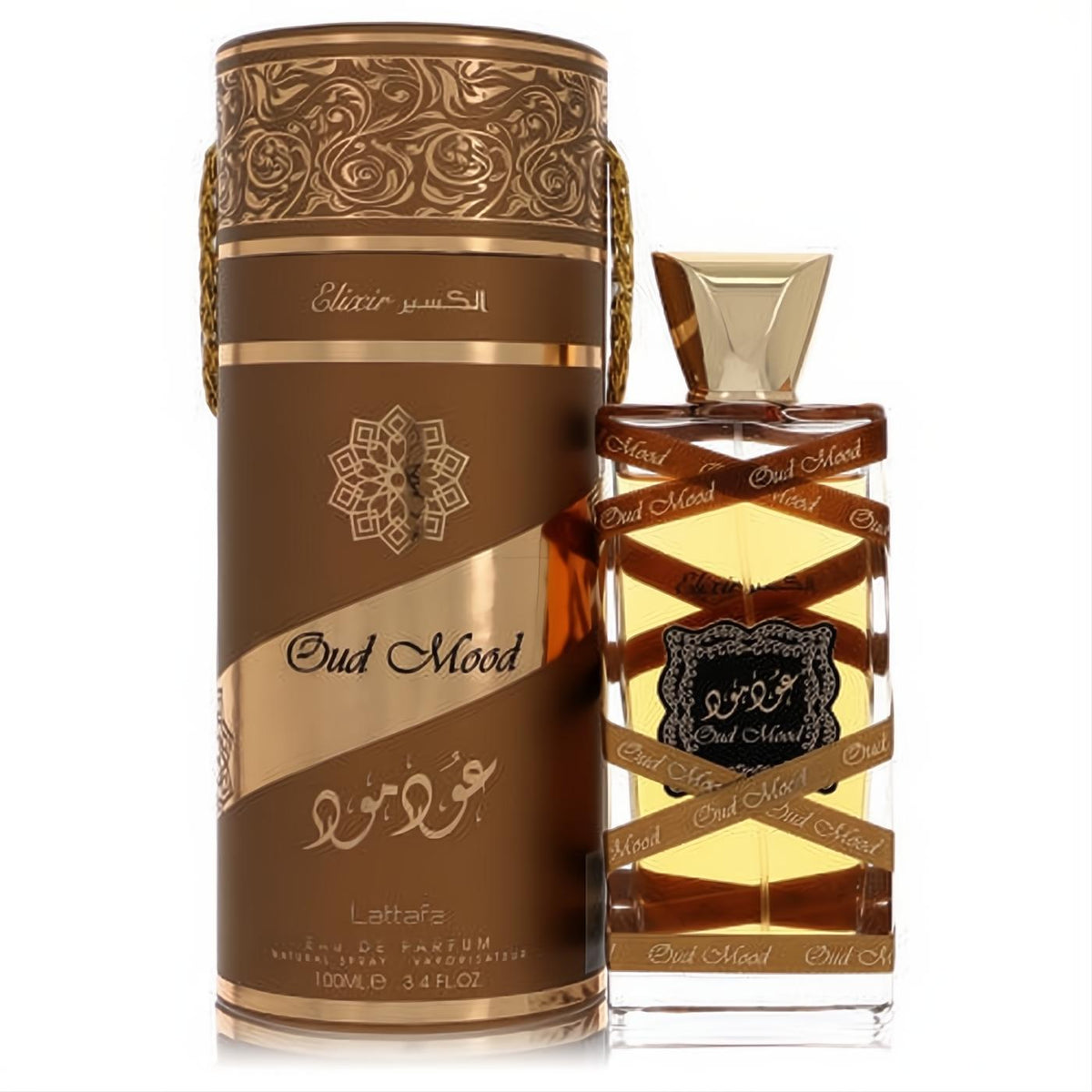 Lattafa Oud Mood Elixir unisex perfume, 3.4 oz. Features a luxurious gold-capped bottle and ornate brown & gold Arabic design box.