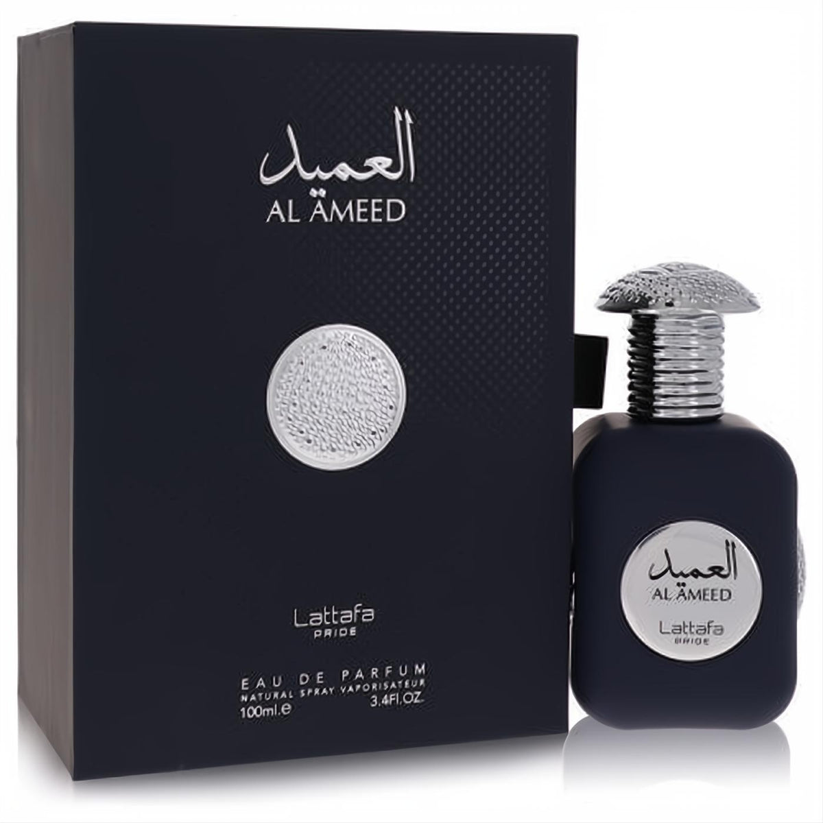 Sophisticated Lattafa Pride Al Ameed unisex 3.4 oz EDP fragrance. Dark blue bottle, unique silver textured cap, and elegant box.