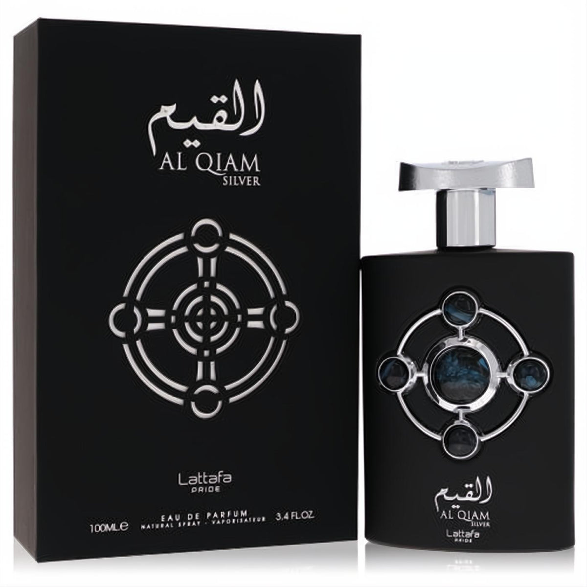 Lattafa Pride Al Qiam Silver 3.4 oz unisex fragrance. Elegant matte black bottle with silver cap and striking blue-accented design.