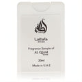 Lattafa Pride Al Qiam Silver 20ml unisex EDP tester. Sleek white plastic spray for luxurious fragrance on-the-go.