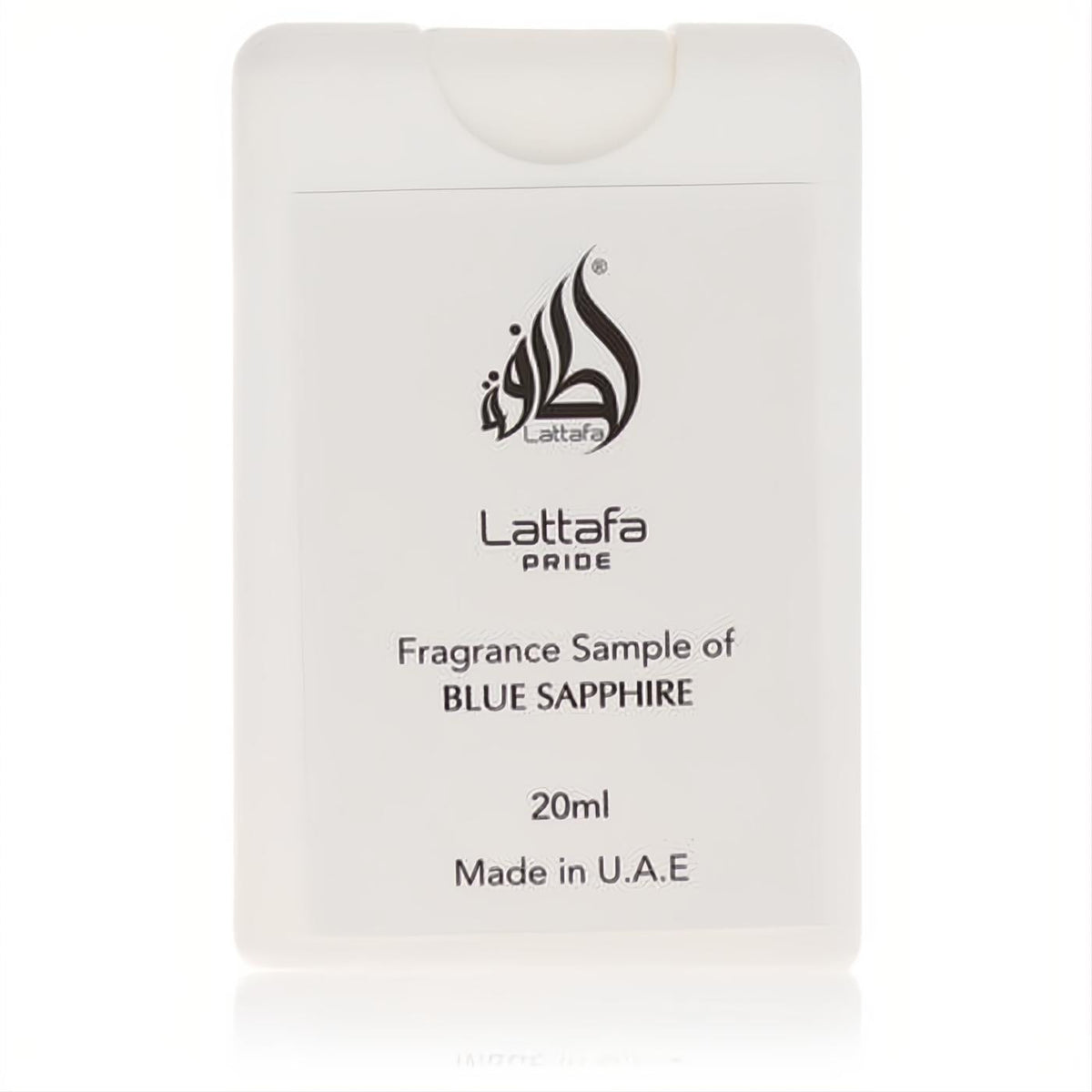 Experience Lattafa Pride Blue Sapphire unisex EDP tester. White 20ml spray bottle with sleek black Lattafa branding.
